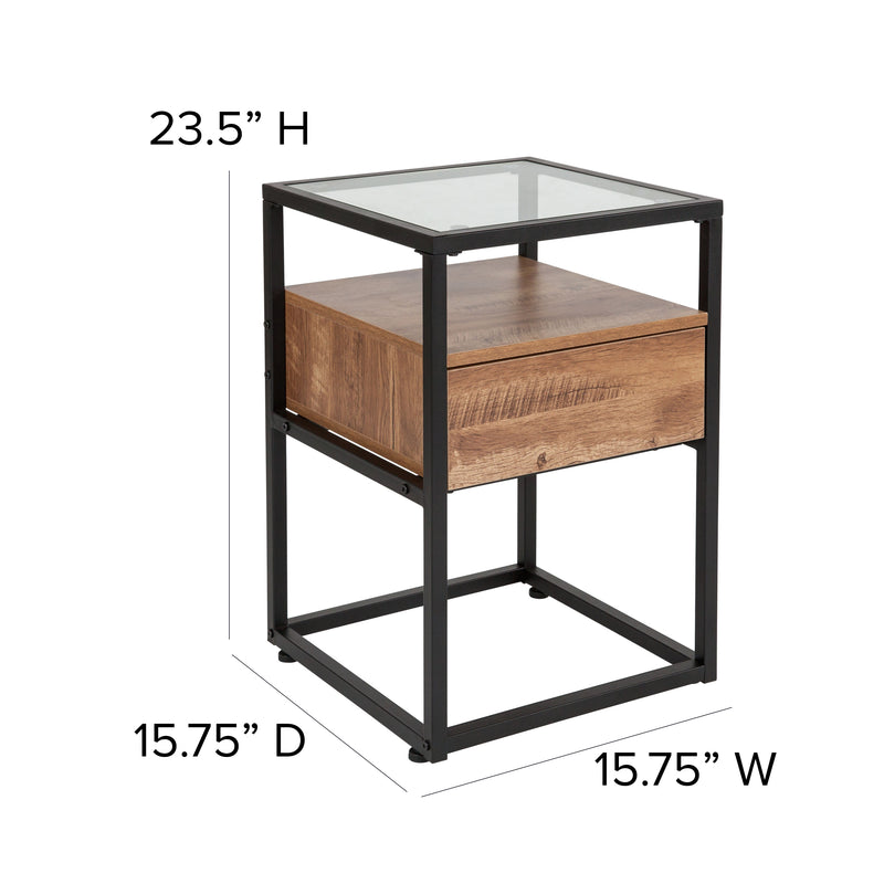 Glass End Table with Drawer and Shelf in Rustic Wood Grain Finish
