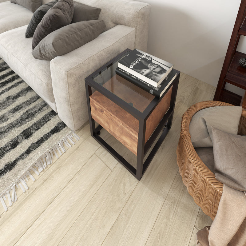 Glass End Table with Drawer and Shelf in Rustic Wood Grain Finish