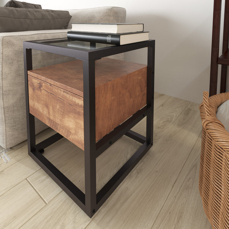 Glass End Table with Drawer and Shelf in Rustic Wood Grain Finish