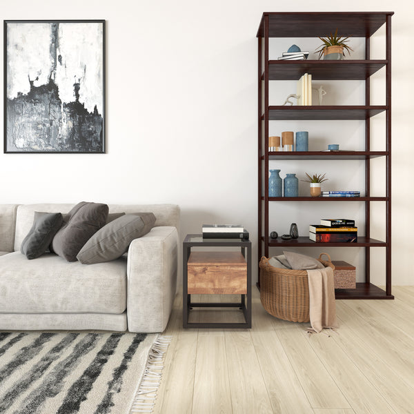 Glass End Table with Drawer and Shelf in Rustic Wood Grain Finish