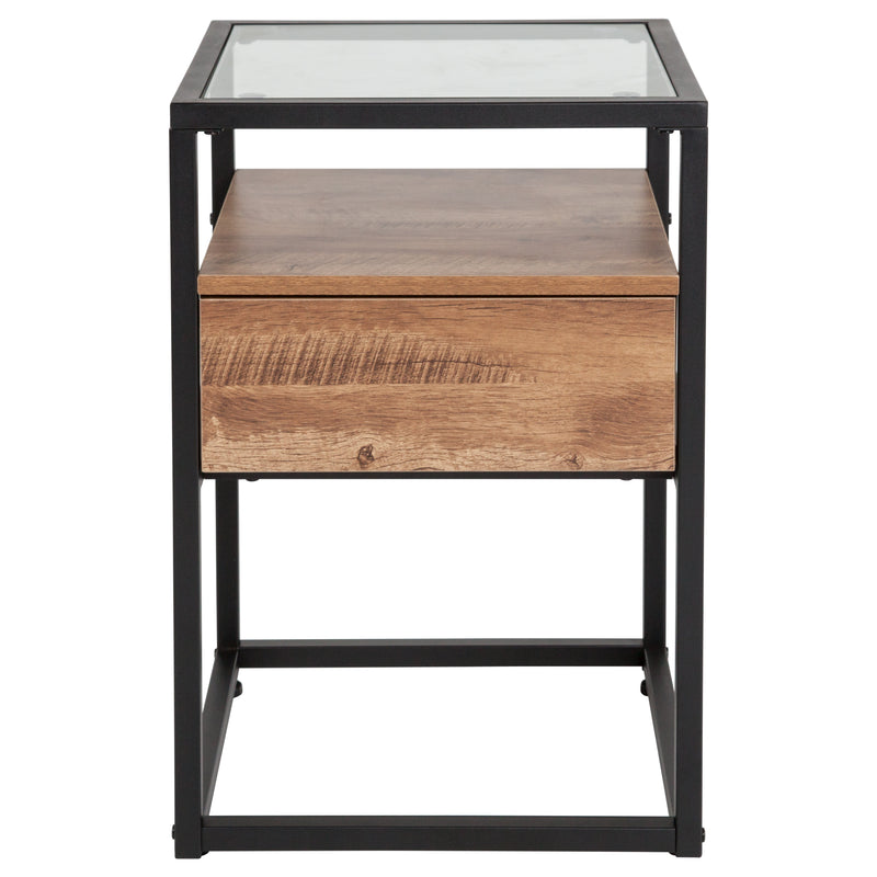 Glass End Table with Drawer and Shelf in Rustic Wood Grain Finish
