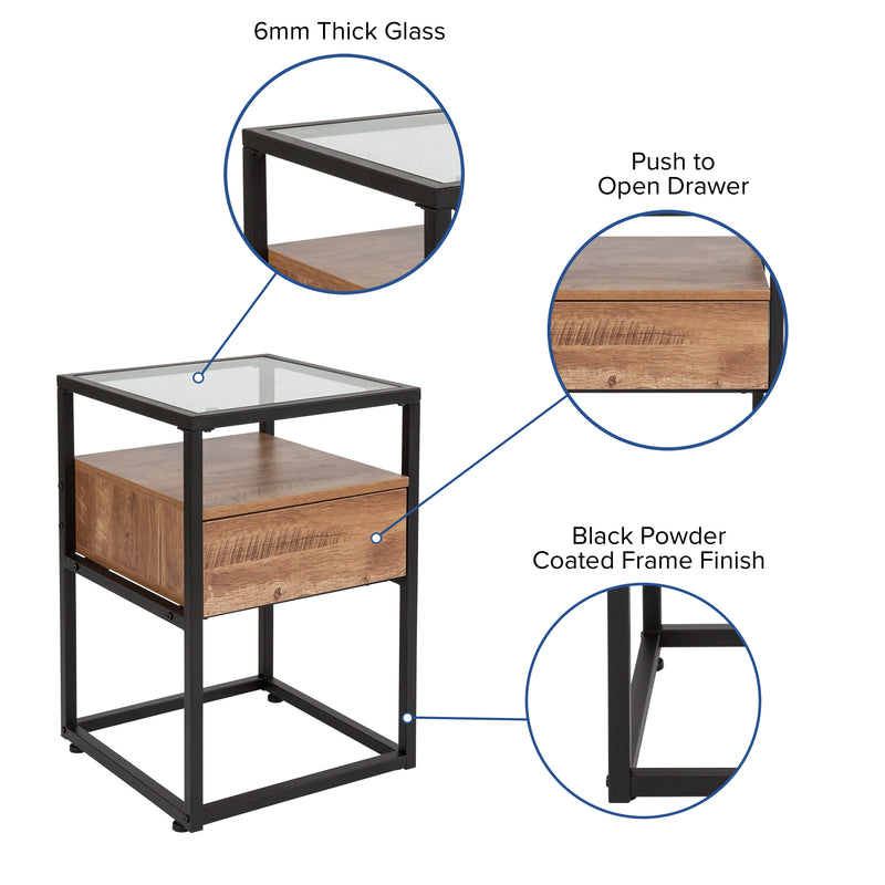 Glass End Table with Drawer and Shelf in Rustic Wood Grain Finish