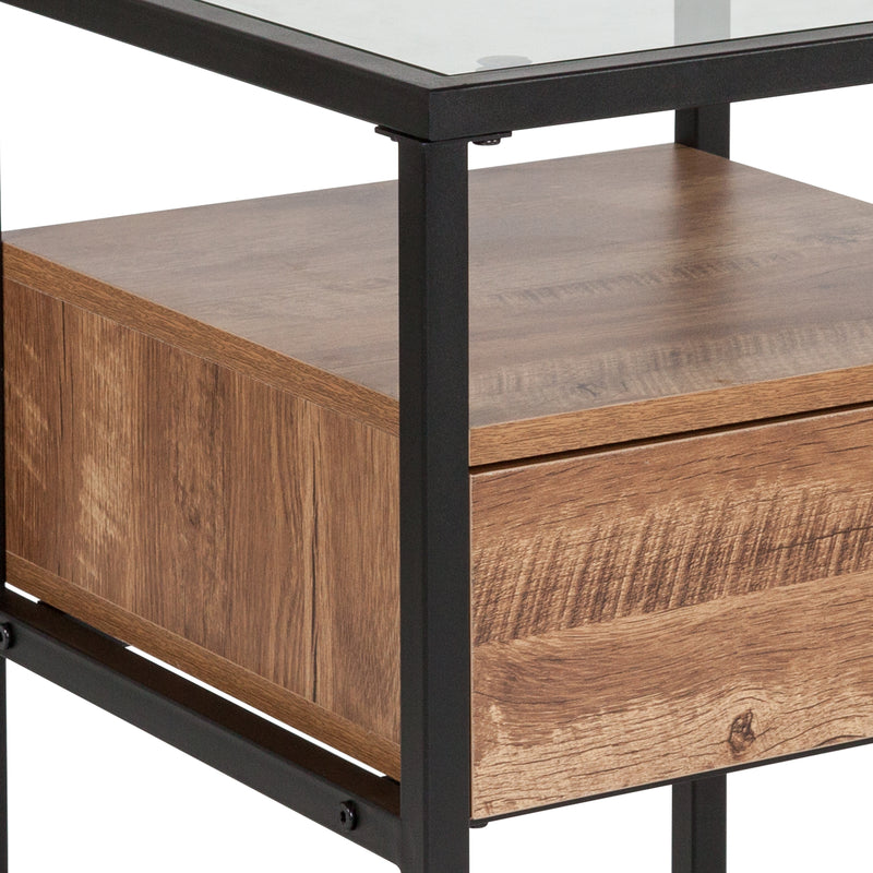 Glass End Table with Drawer and Shelf in Rustic Wood Grain Finish