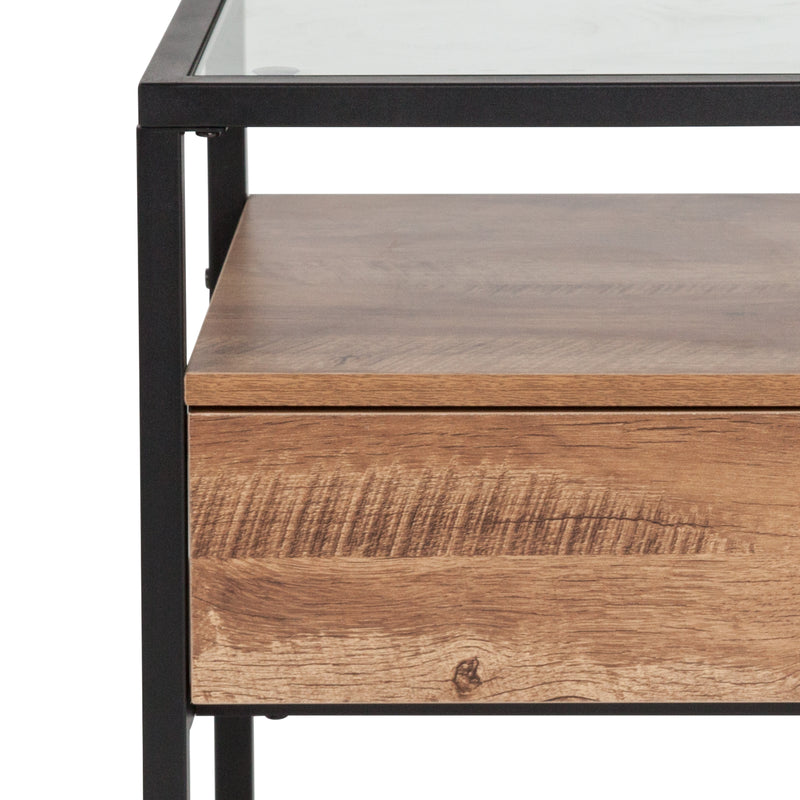 Glass End Table with Drawer and Shelf in Rustic Wood Grain Finish