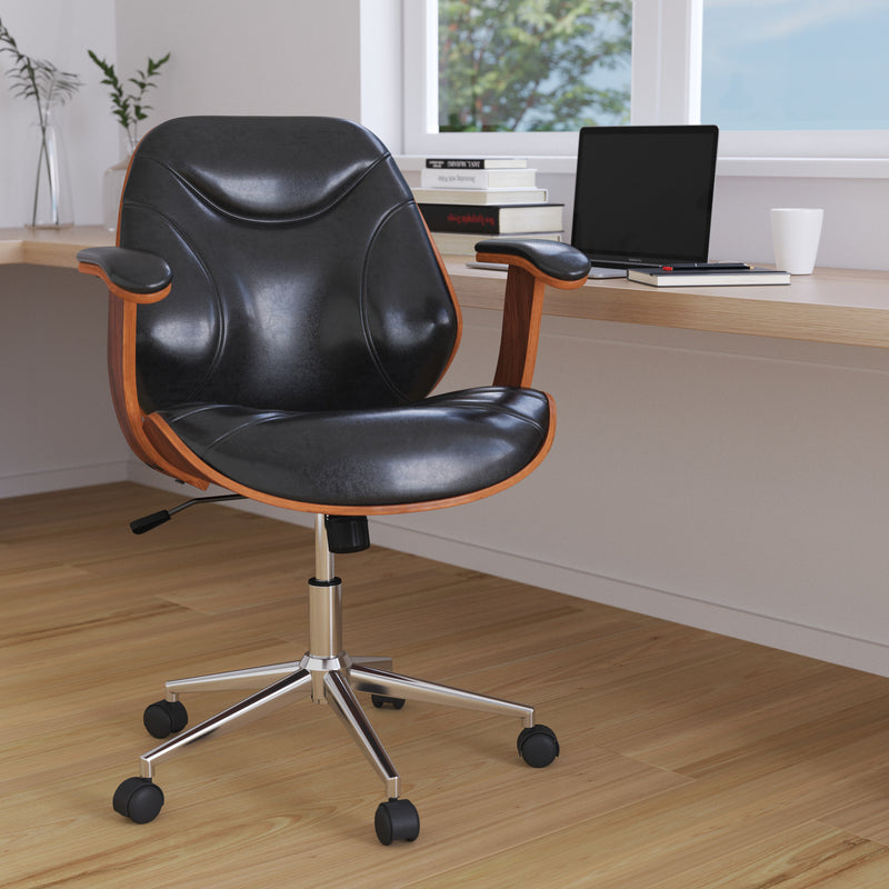 Frederick Mid-Back Ergonomic Office Chair Executive Swivel Bentwood Frame Desk Chair in Black Faux Leather