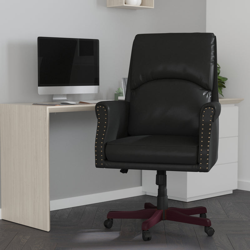 Tiber Ergonomic Executive Office Chair with High Pillowed Back & Rolled Arms In Black Faux Leather with Mahogany Finish Base