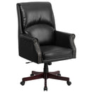 Tiber Ergonomic Executive Office Chair with High Pillowed Back & Rolled Arms In Black Faux Leather with Mahogany Finish Base