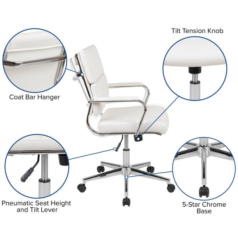 McEntyre Ergonomic Swivel Office Chair Panel Style Mid-Back Faux Leather Computer Desk Chair with Padded Chrome Arms & Base