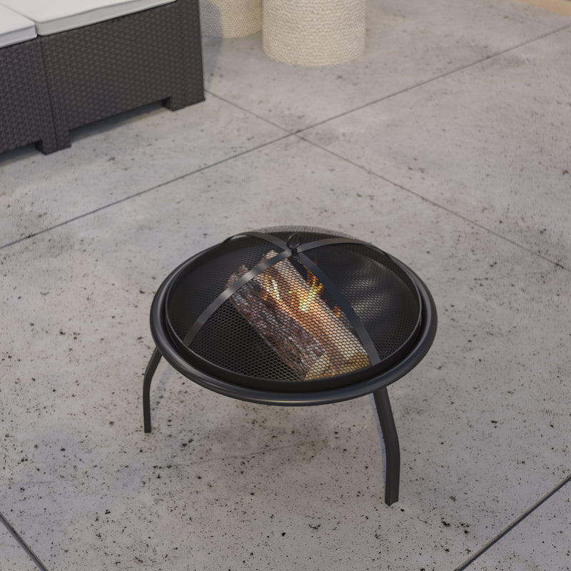 Ewan Fire Pit 22.5" Iron Folding Wood Burning Outdoor Fire Pit For Patio, Backyard, Camping, Picnics With Spark Screen And Poker