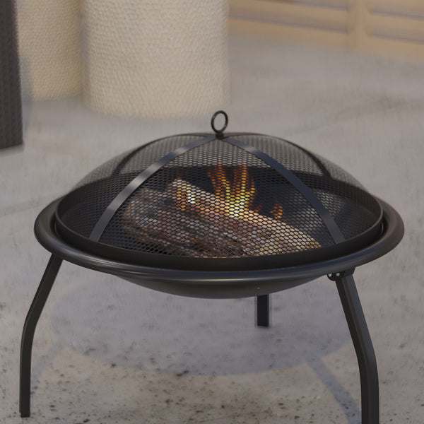 Ewan Fire Pit 22.5" Iron Folding Wood Burning Outdoor Fire Pit For Patio, Backyard, Camping, Picnics With Spark Screen And Poker