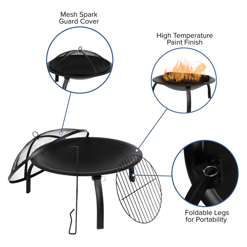 Ewan Fire Pit 22.5" Iron Folding Wood Burning Outdoor Fire Pit For Patio, Backyard, Camping, Picnics With Spark Screen And Poker