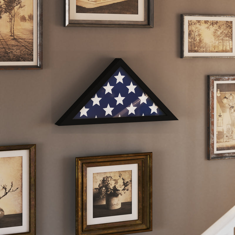 Sabore Black Solid Wood Military Memorial Flag Display Case for 9.5' x 5' American Veteran Flag