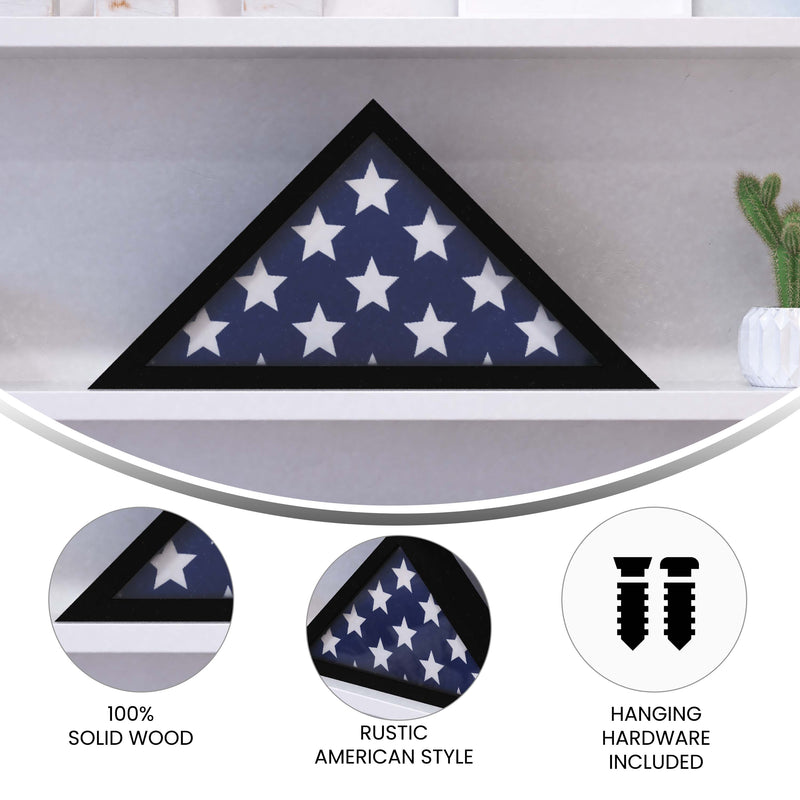 Sabore Black Solid Wood Military Memorial Flag Display Case for 9.5' x 5' American Veteran Flag