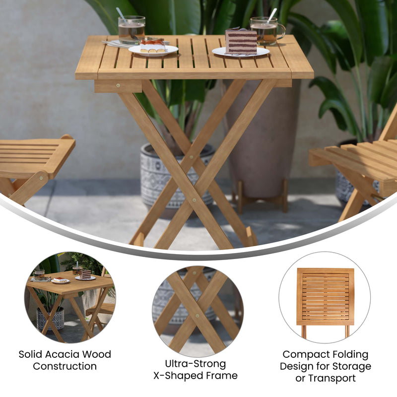 Stora 24 Inch Square Solid Acacia Wood Portable Folding Patio Bistro Table for Indoor/Outdoor Use in Natural Finish