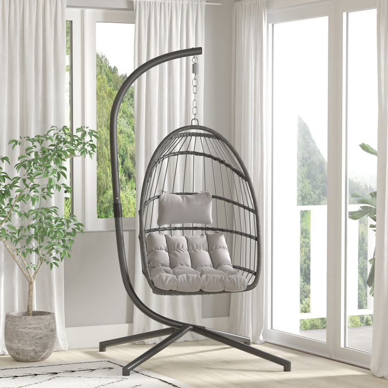 Riley Foldable Woven Hanging Egg Chair in Gray with Removable Gray Cushions and Stand for Indoor and Outdoor Use