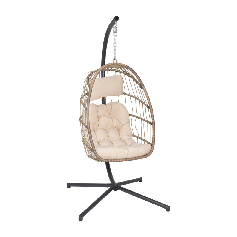 Riley Foldable Woven Hanging Egg Chair in Natural with Removable Cream Cushions and Stand for Indoor and Outdoor Use