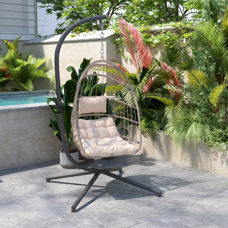 Riley Foldable Woven Hanging Egg Chair in Natural with Removable Cream Cushions and Stand for Indoor and Outdoor Use