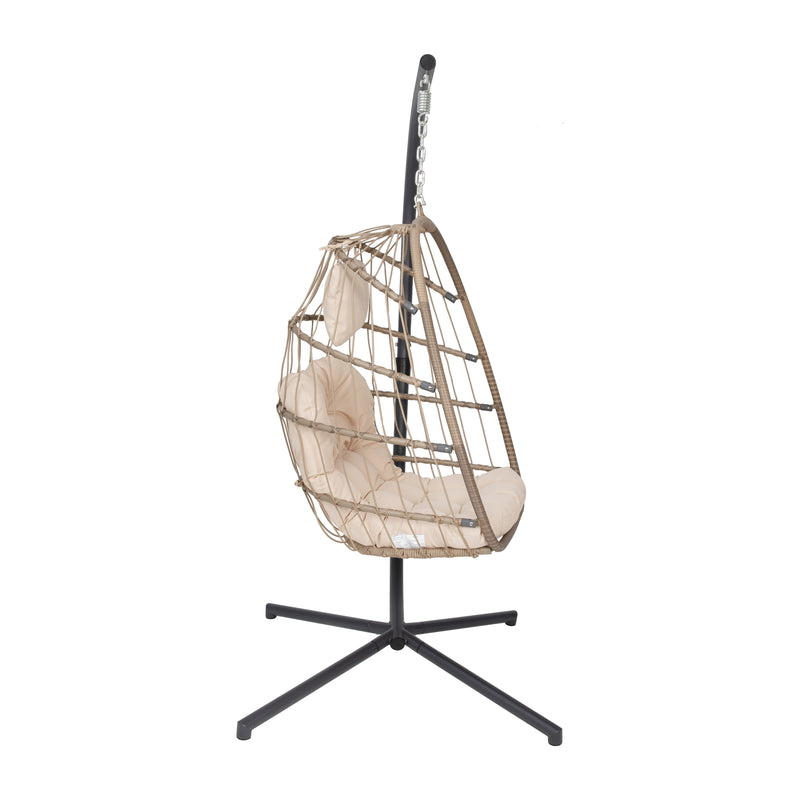 Riley Foldable Woven Hanging Egg Chair in Natural with Removable Cream Cushions and Stand for Indoor and Outdoor Use