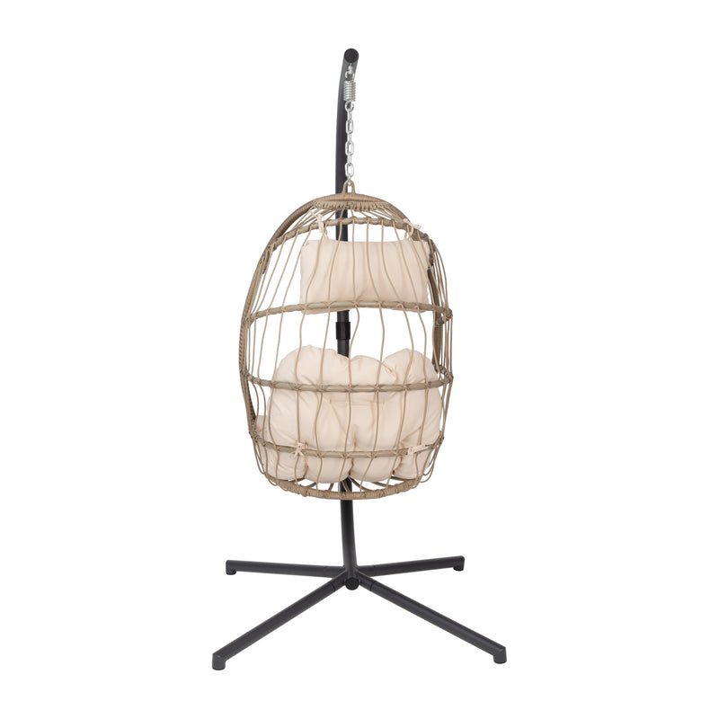 Riley Foldable Woven Hanging Egg Chair in Natural with Removable Cream Cushions and Stand for Indoor and Outdoor Use