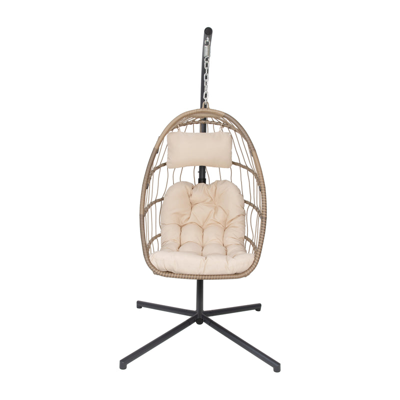 Riley Foldable Woven Hanging Egg Chair in Natural with Removable Cream Cushions and Stand for Indoor and Outdoor Use