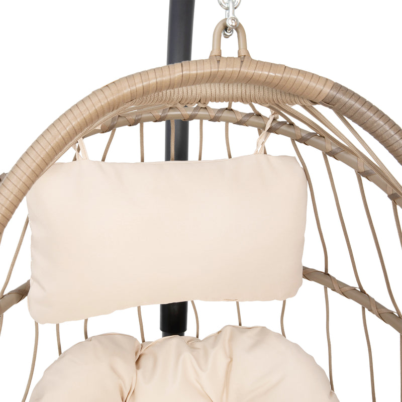 Riley Foldable Woven Hanging Egg Chair in Natural with Removable Cream Cushions and Stand for Indoor and Outdoor Use