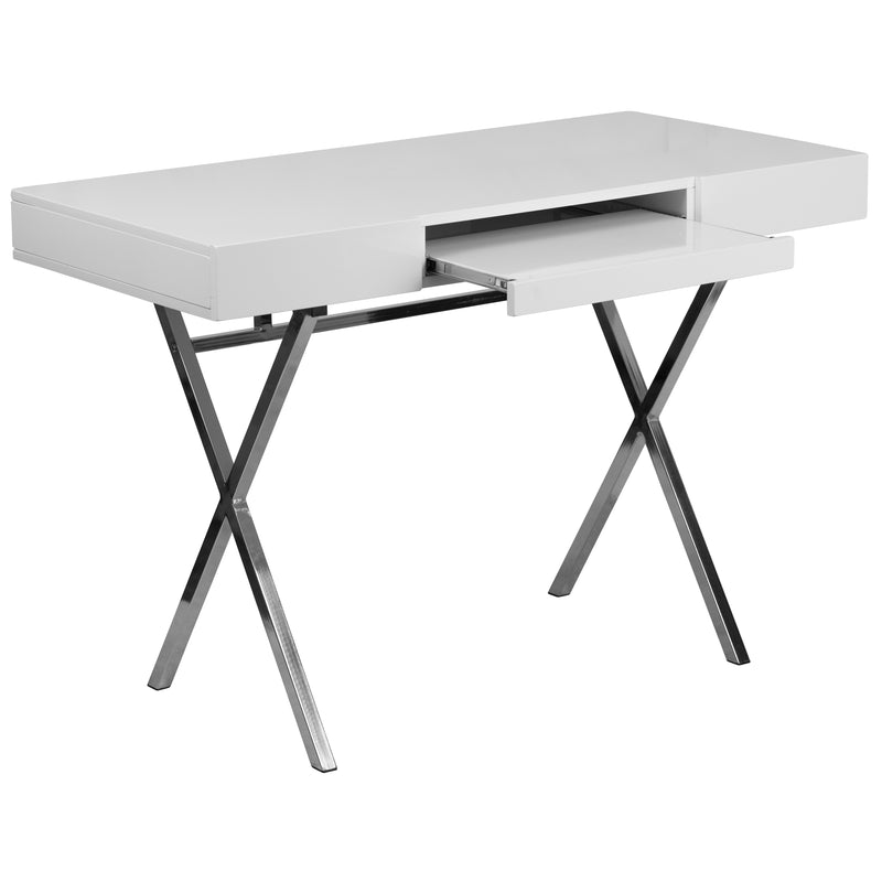 Rhodes Computer Desk Contemporary Granite White Writing Desk with Metal Crisscross Frame, Keyboard Tray and 2 Box Drawers