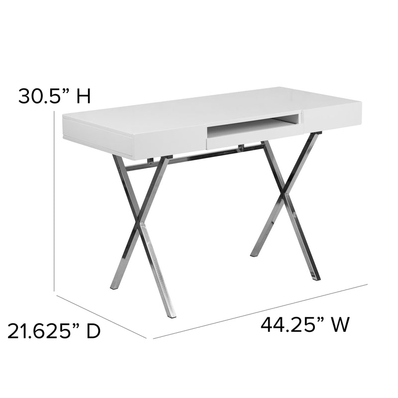 Rhodes Computer Desk Contemporary Granite White Writing Desk with Metal Crisscross Frame, Keyboard Tray and 2 Box Drawers