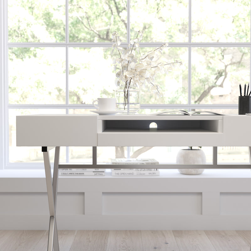 Rhodes Computer Desk Contemporary Granite White Writing Desk with Metal Crisscross Frame, Keyboard Tray and 2 Box Drawers