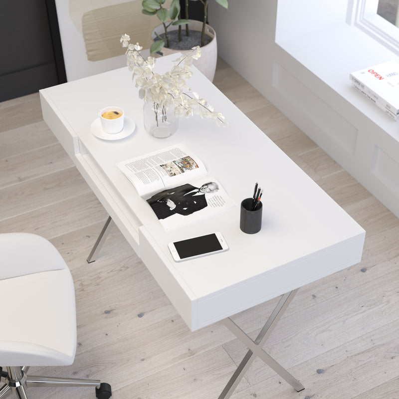 Rhodes Computer Desk Contemporary Granite White Writing Desk with Metal Crisscross Frame, Keyboard Tray and 2 Box Drawers
