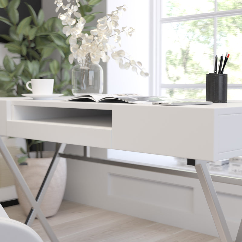 Rhodes Computer Desk Contemporary Granite White Writing Desk with Metal Crisscross Frame, Keyboard Tray and 2 Box Drawers
