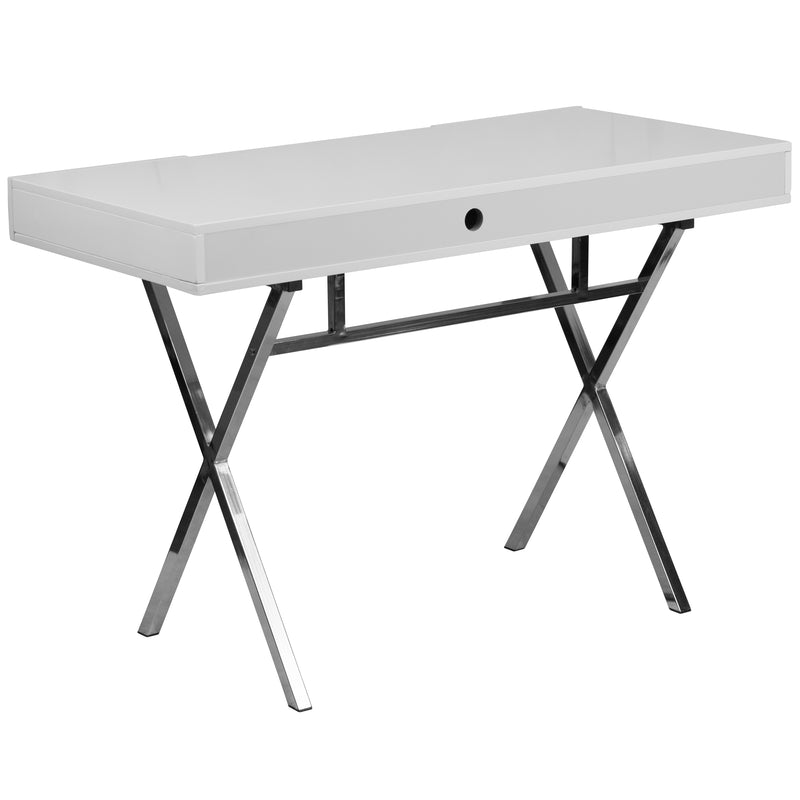Rhodes Computer Desk Contemporary Granite White Writing Desk with Metal Crisscross Frame, Keyboard Tray and 2 Box Drawers