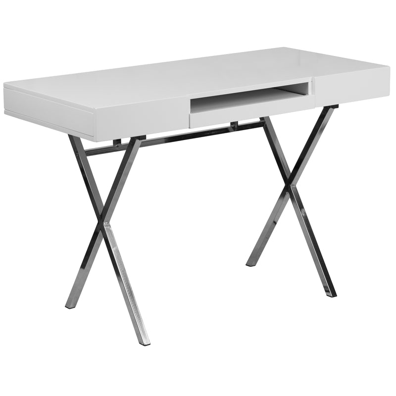 Rhodes Computer Desk Contemporary Granite White Writing Desk with Metal Crisscross Frame, Keyboard Tray and 2 Box Drawers