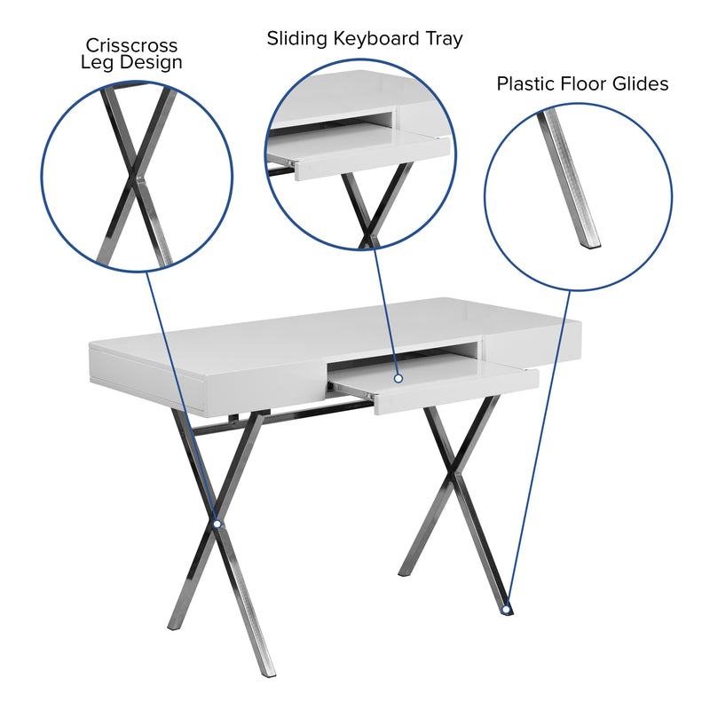 Rhodes Computer Desk Contemporary Granite White Writing Desk with Metal Crisscross Frame, Keyboard Tray and 2 Box Drawers