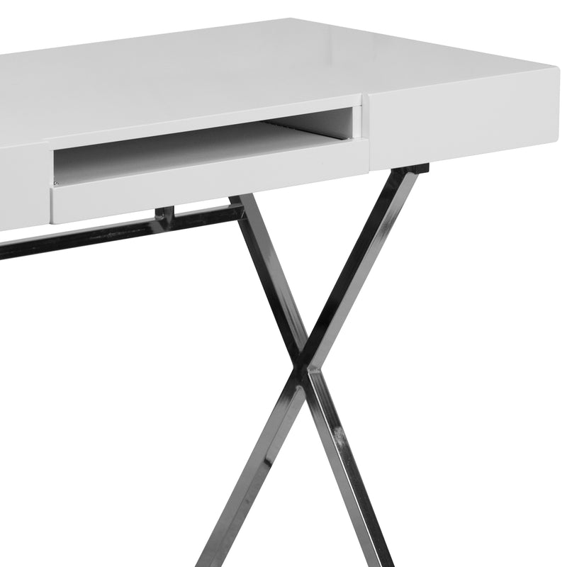 Rhodes Computer Desk Contemporary Granite White Writing Desk with Metal Crisscross Frame, Keyboard Tray and 2 Box Drawers