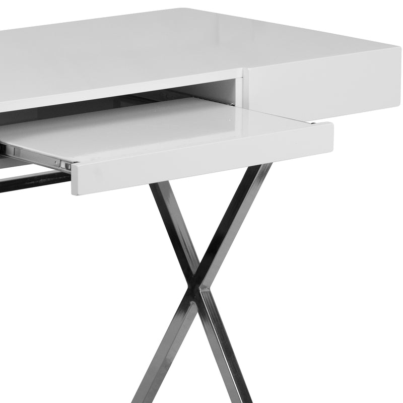 Rhodes Computer Desk Contemporary Granite White Writing Desk with Metal Crisscross Frame, Keyboard Tray and 2 Box Drawers