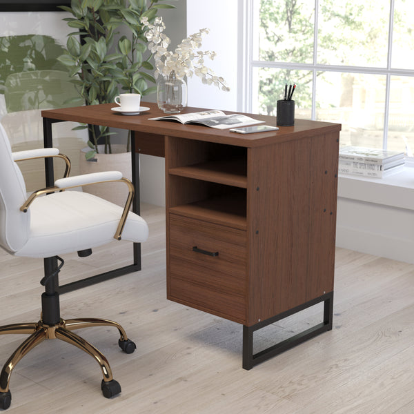 Brighton Rustic Computer Desk with Shelving and Storage Drawer Metal Frame Pedestal Base Home Office Desk