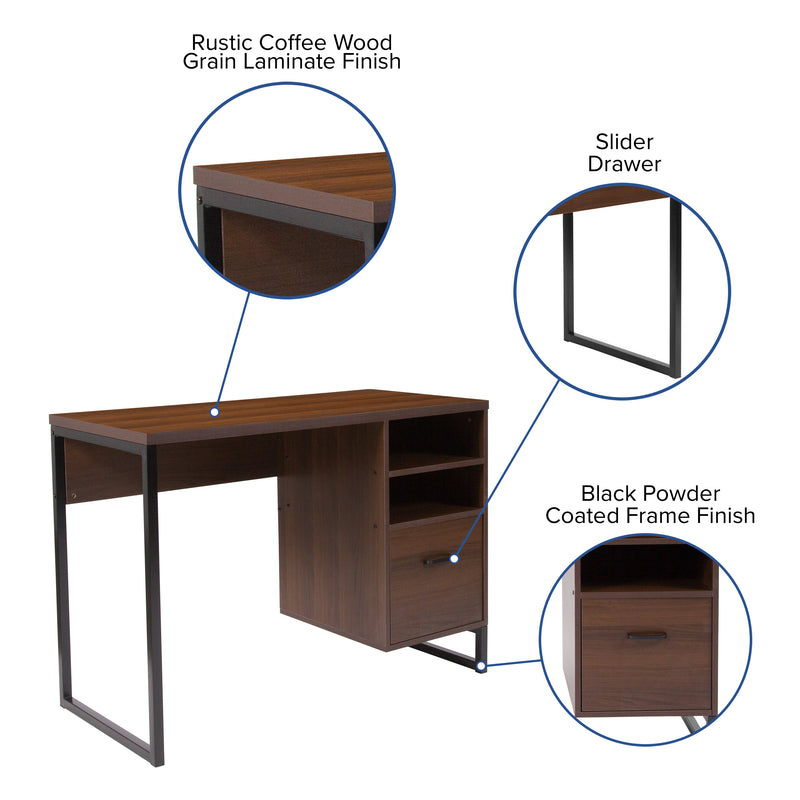 Brighton Rustic Computer Desk with Shelving and Storage Drawer Metal Frame Pedestal Base Home Office Desk