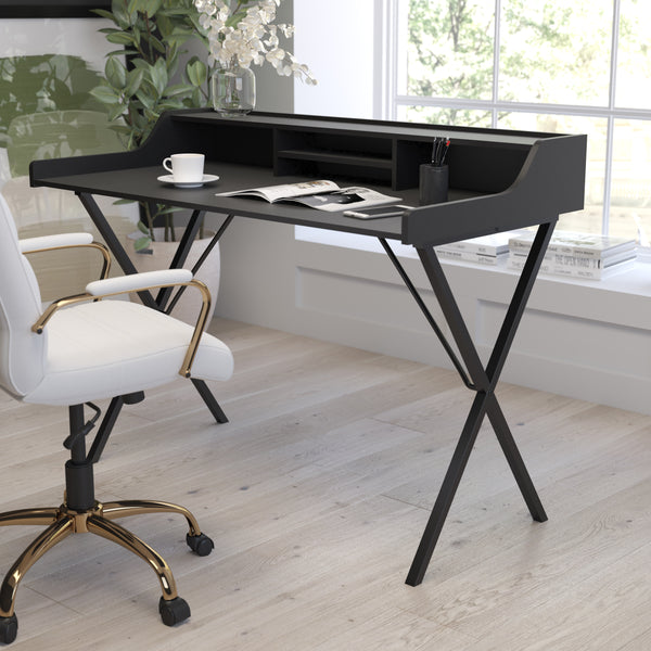 Jordi Desk Contemporary Black Office Computer Writing Desk With Top Shelf and Center Storage Compartments