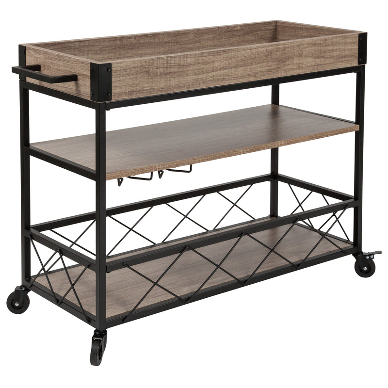 Brookville Rolling Kitchen Serving and Bar Cart with Shelves and Wine Glass Holders in Distressed Light Oak Wood and Black Iron