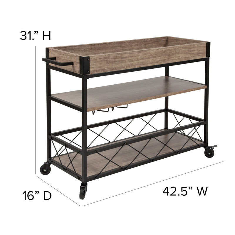 Brookville Rolling Kitchen Serving and Bar Cart with Shelves and Wine Glass Holders in Distressed Light Oak Wood and Black Iron