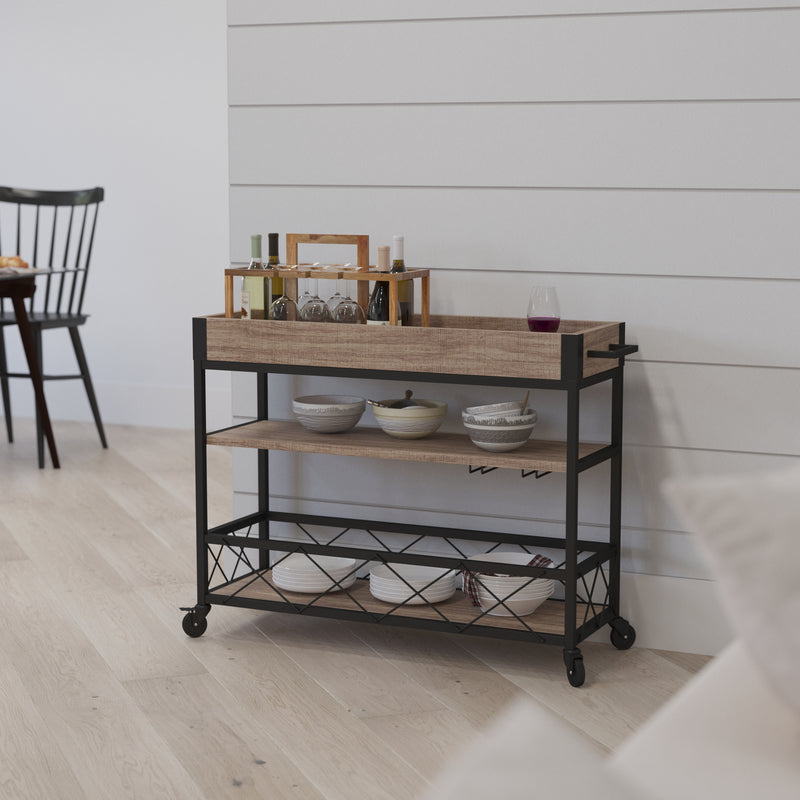 Brookville Rolling Kitchen Serving and Bar Cart with Shelves and Wine Glass Holders in Distressed Light Oak Wood and Black Iron