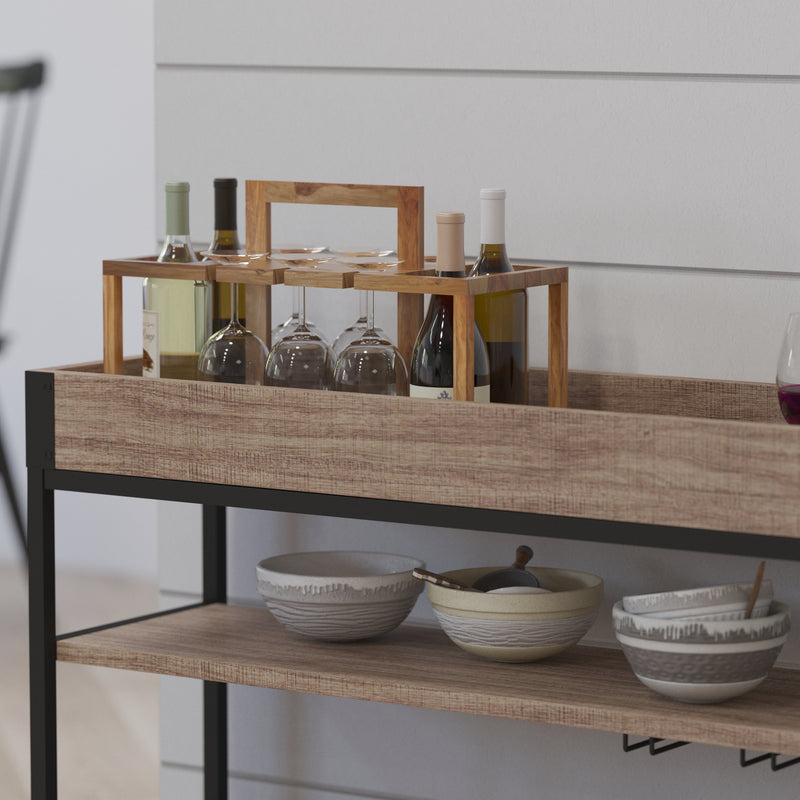 Brookville Rolling Kitchen Serving and Bar Cart with Shelves and Wine Glass Holders in Distressed Light Oak Wood and Black Iron