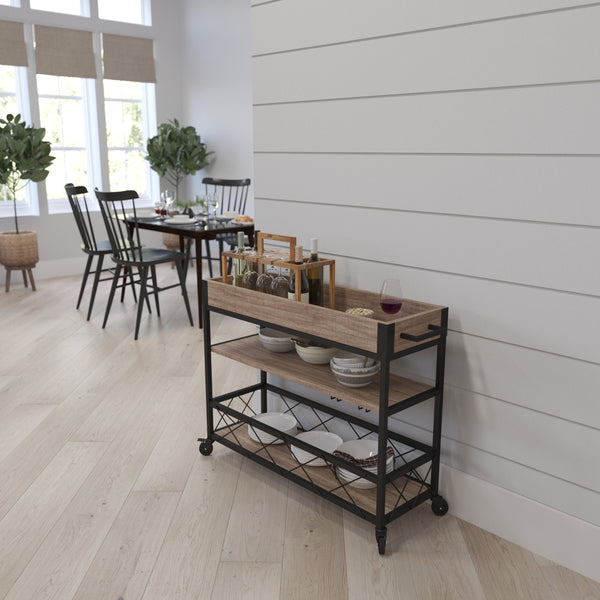 Brookville Rolling Kitchen Serving and Bar Cart with Shelves and Wine Glass Holders in Distressed Light Oak Wood and Black Iron