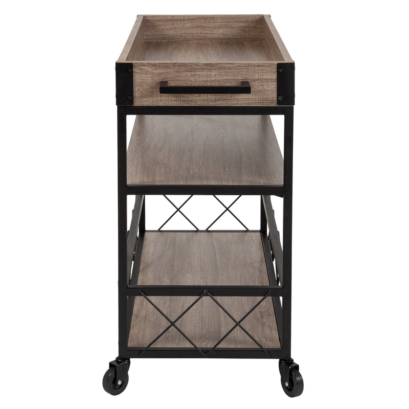 Brookville Rolling Kitchen Serving and Bar Cart with Shelves and Wine Glass Holders in Distressed Light Oak Wood and Black Iron