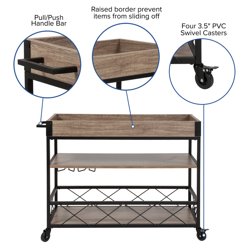 Brookville Rolling Kitchen Serving and Bar Cart with Shelves and Wine Glass Holders in Distressed Light Oak Wood and Black Iron