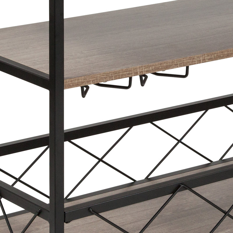 Brookville Rolling Kitchen Serving and Bar Cart with Shelves and Wine Glass Holders in Distressed Light Oak Wood and Black Iron