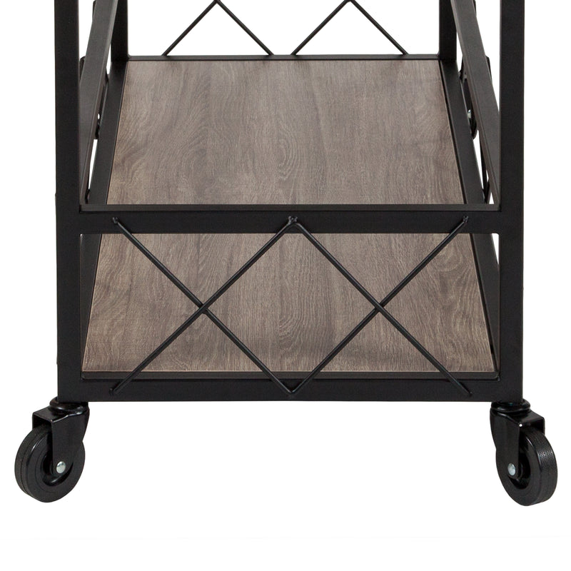 Brookville Rolling Kitchen Serving and Bar Cart with Shelves and Wine Glass Holders in Distressed Light Oak Wood and Black Iron