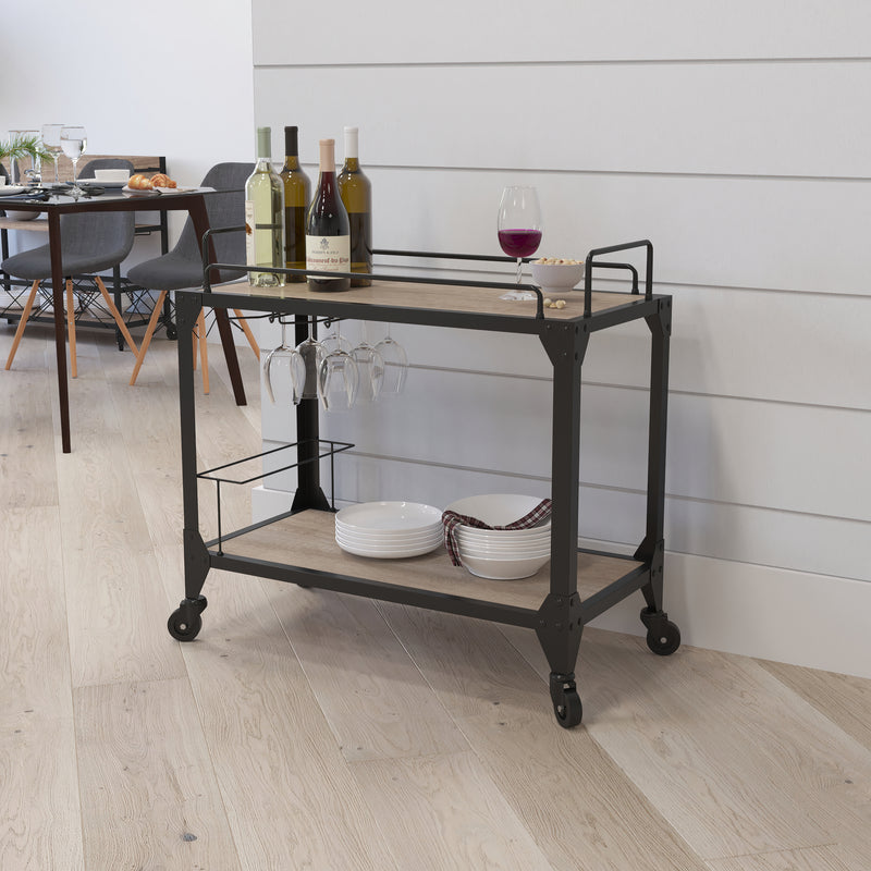 Aberdeen Bar Cart Contemporary Light Oak Laminate And Metal Small Rolling Bar Cart With Bottle Rack And Wine Glass Holders