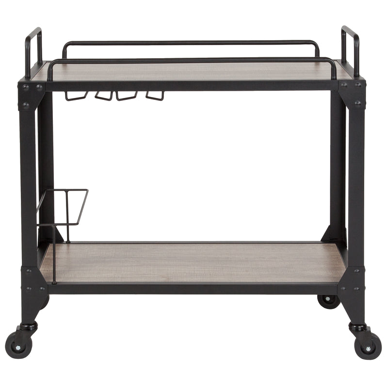 Aberdeen Bar Cart Contemporary Light Oak Laminate And Metal Small Rolling Bar Cart With Bottle Rack And Wine Glass Holders
