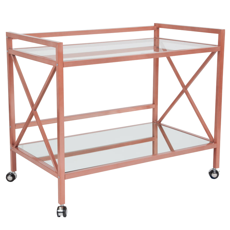 Belmount Rolling Bar Cart Contemporary Kitchen Serving Cart with Mirrored Bottom Shelf and Crisscross Rose Gold Metal Frame